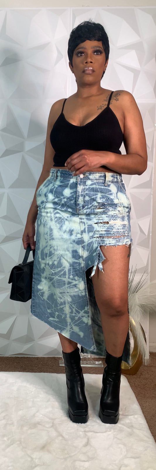 Distressed Bleached Denim Asymmetric Skirt