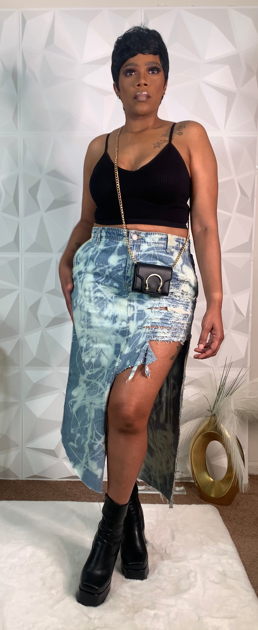 Distressed Bleached Denim Asymmetric Skirt