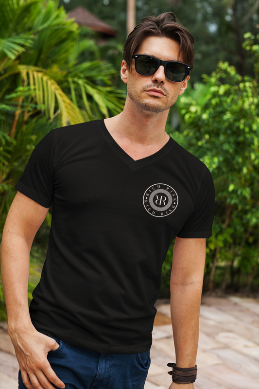 Rich Risk: Short Sleeve  V-Neck T-Shirt (black/white) left chest