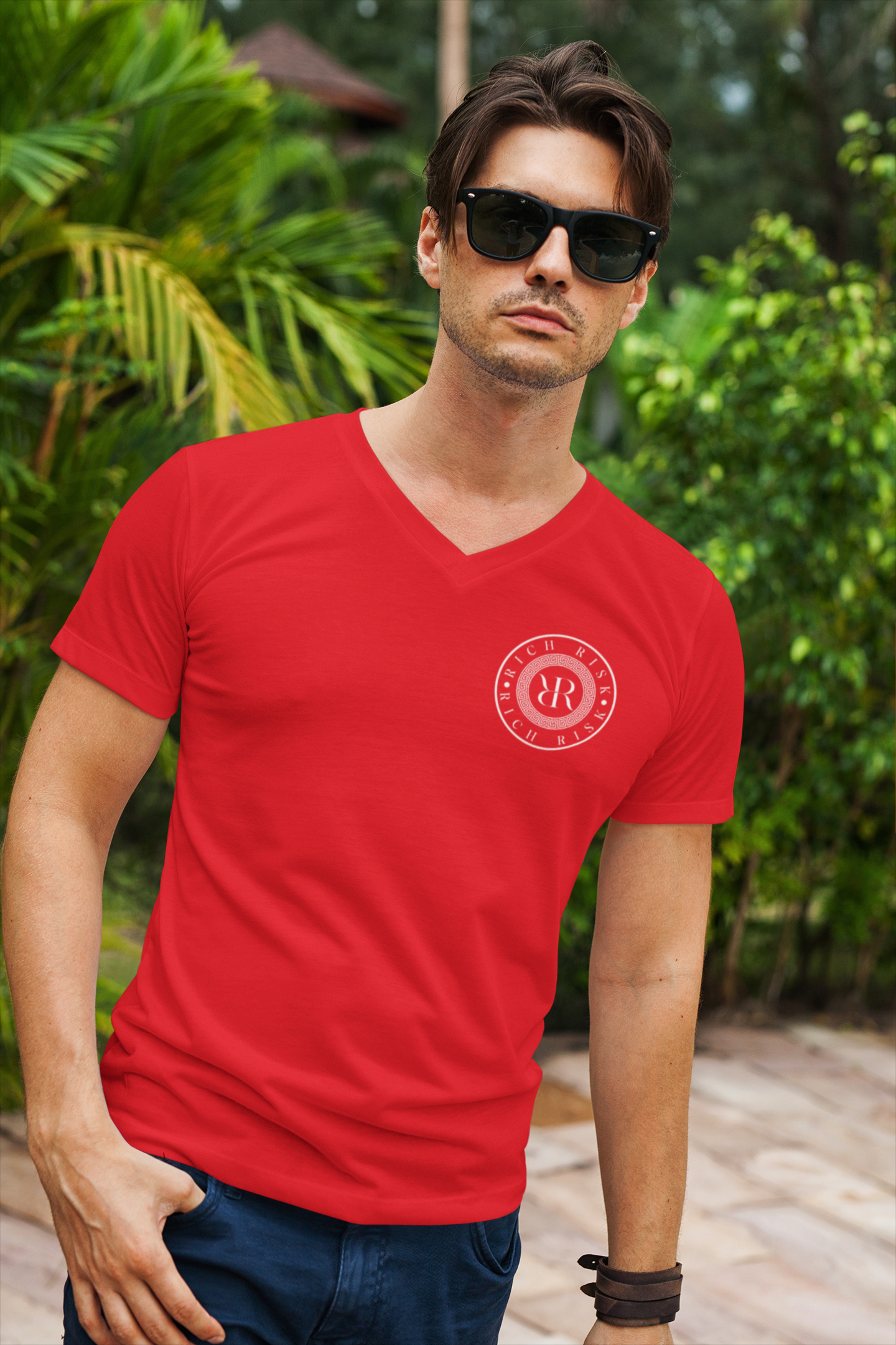 Rich Risk: Short Sleeve  V-Neck T-Shirt (red/white) left chest