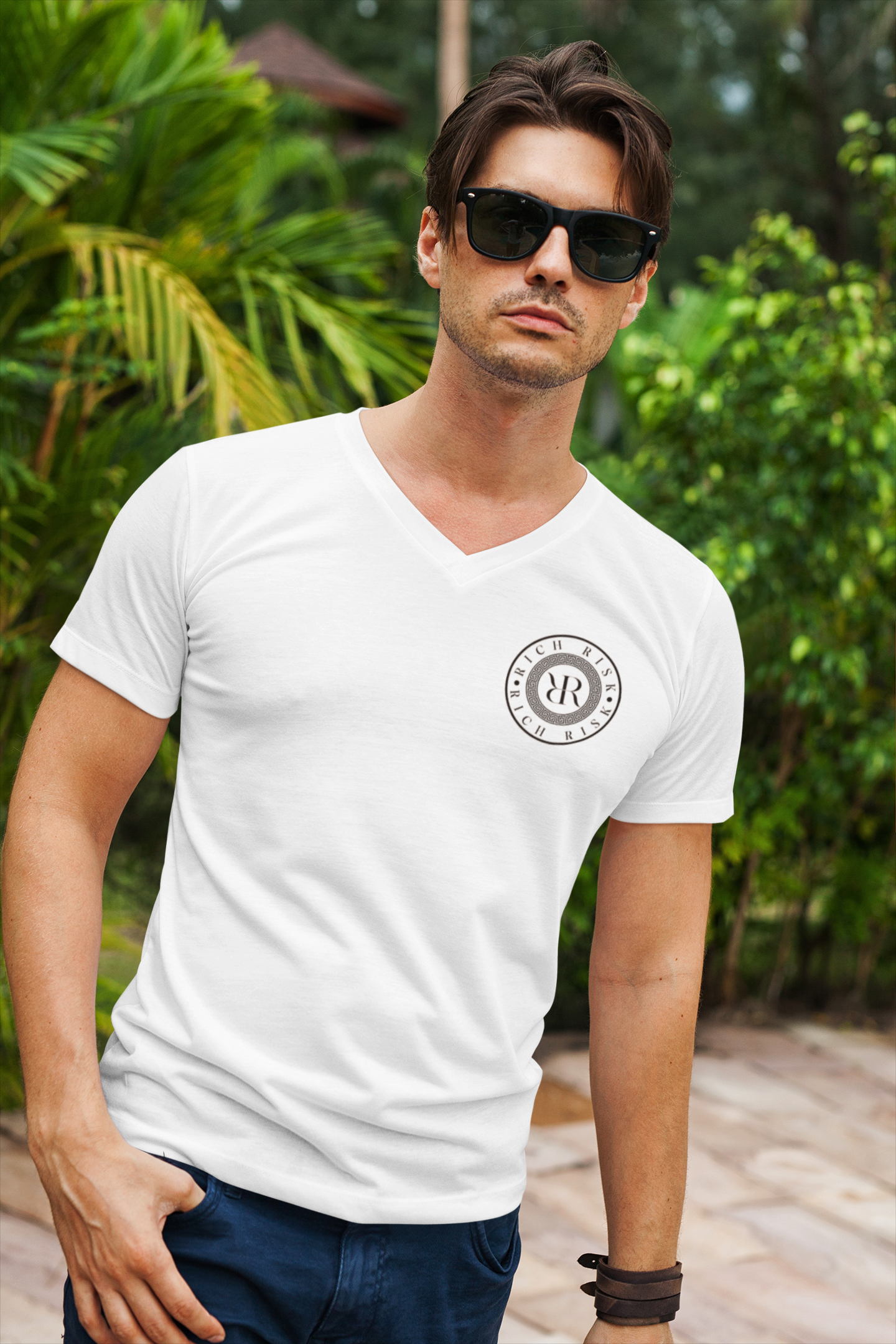 Rich Risk: Short Sleeve  V-Neck T-Shirt (white/black) left chest